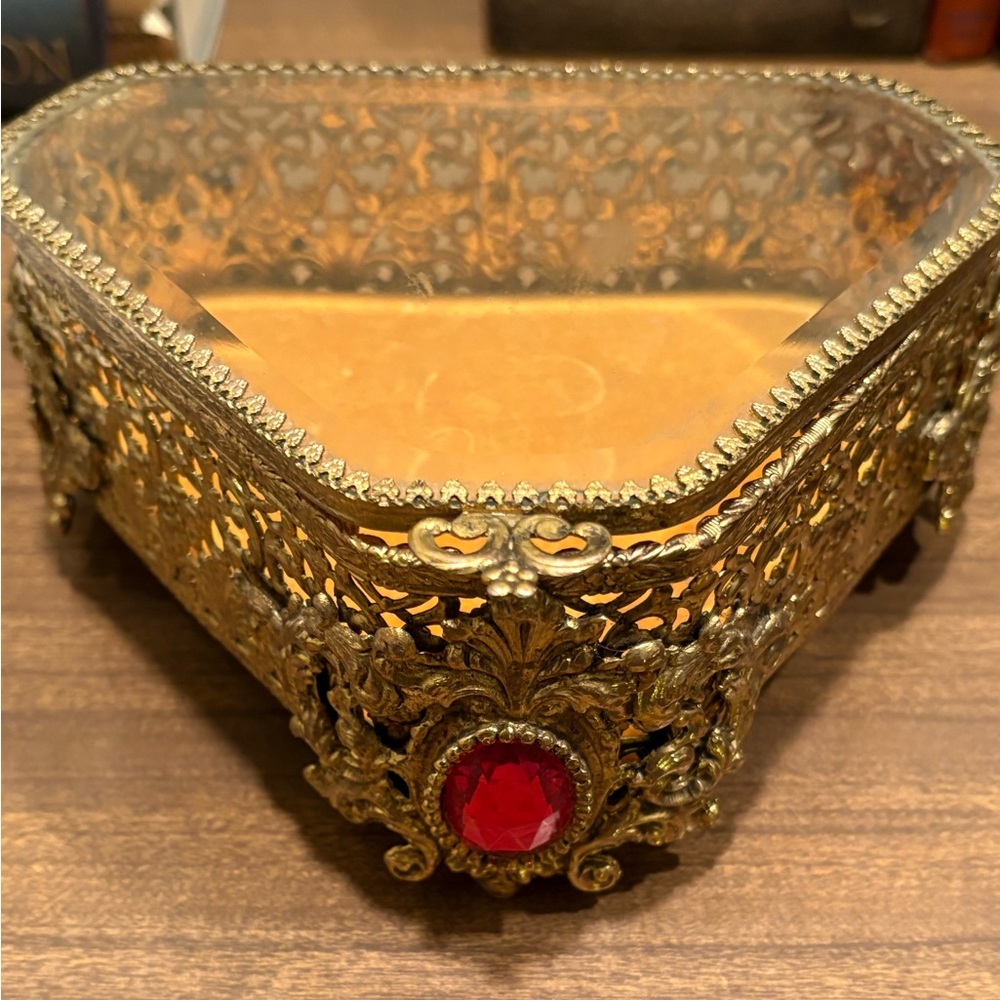 Vintage Jewelry Casket Ormolu Triangle Beveled Glass Red Gems